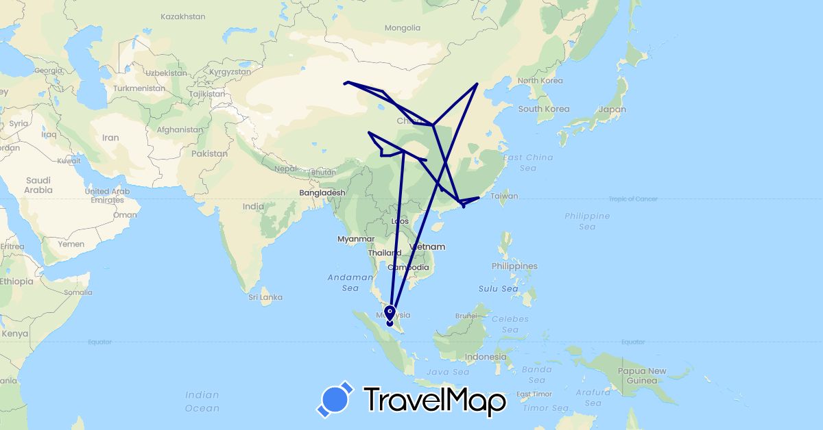 TravelMap itinerary: driving in China, Malaysia (Asia)
